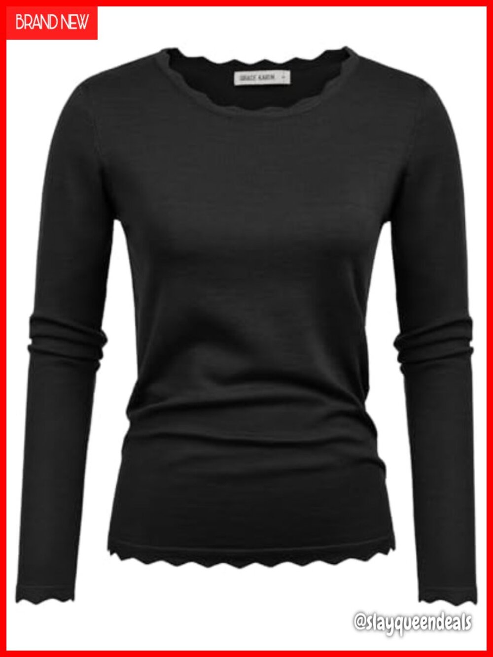 Long Sleeve Sweater Pullover Scalloped Trim Slim Fit Business Casual Top